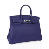 Hermes Limited Edition Birkin 35 Bag Blue Sapphire Taurillon Novillo Leather & Toile Sea Surf & Fun