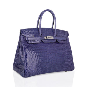 Hermes Birkin 35 Bag Blue Brighton Porosus Crocodile Palladium Hardware New