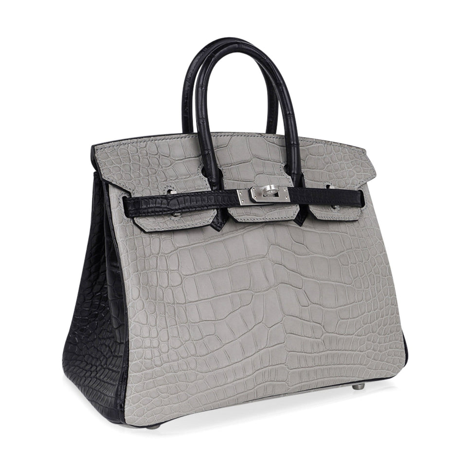 Hermes Birkin HSS 25 Bag Gris Perle / Black Matte Alligator Palladium Hardware