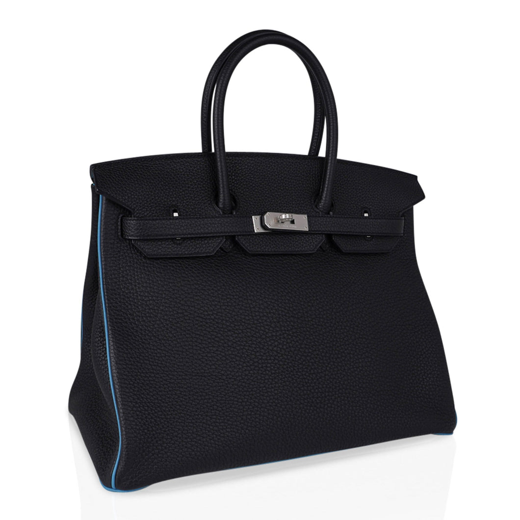 Hermes Special Order HSS Birkin 35 Bag Black & Turquoise Togo Leather with Brushed Palladium Hardware