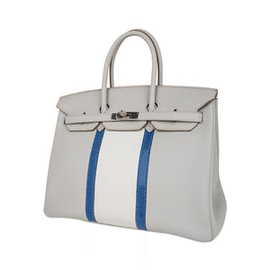 Hermes Limited Edition Club Birkin 35 Bag Gris Perle & Blanc Clemence Leather with Palladium Hardware