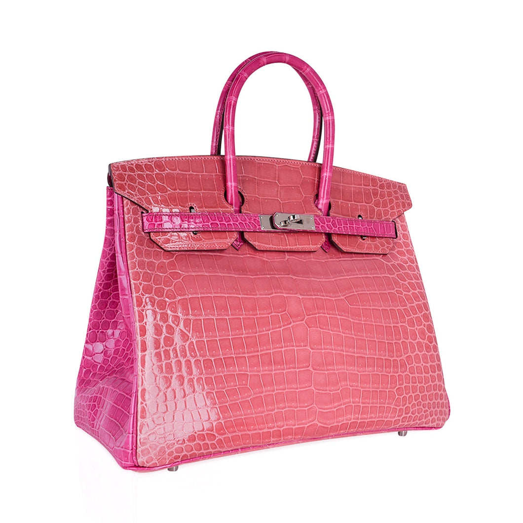 Hermes Special Order HSS Birkin 35 Bag Rose Indien & Fuchsia Porosus Crocodile with Palladium Hardware